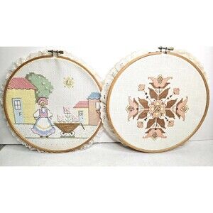 Handmade Framed Cross Stitch Pair Floral & Village Designs with Lace Trim